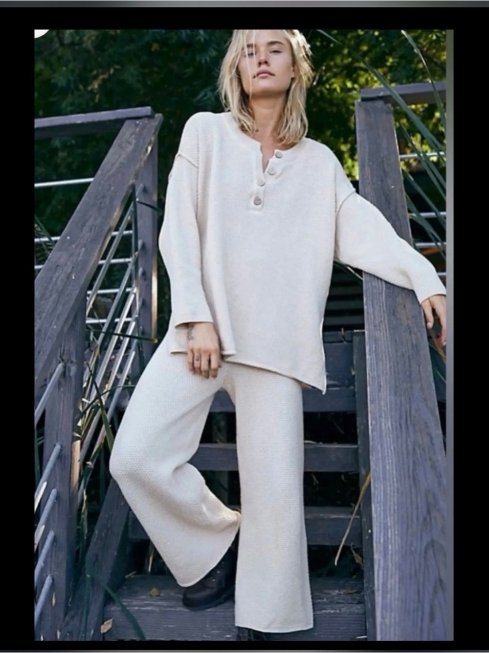 Free People Beach Sweater Set Ribbed Knit Wide-Leg Pants - Powder Sand